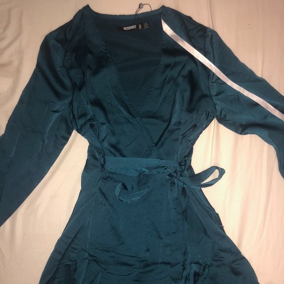 Long Sleeve Teal Ruffle Satin Tea Dress - Picture 5 of 5